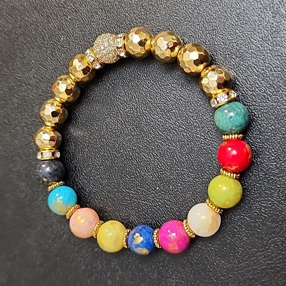 10MM Natural Mashan Dyed Jade and Hematite Stretch Beaded Bracelet - Picture 4 of 4